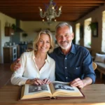 Couple fêtant leurs noces d'or en feuilletant un album photo de mariage dans une cuisine campagnarde française