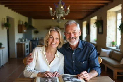 Couple fêtant leurs noces d'or en feuilletant un album photo de mariage dans une cuisine campagnarde française