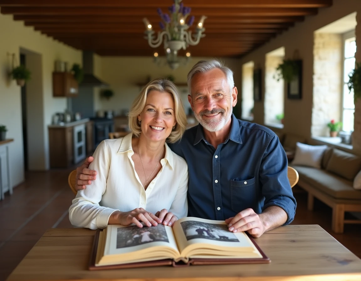 Couple fêtant leurs noces d'or en feuilletant un album photo de mariage dans une cuisine campagnarde française