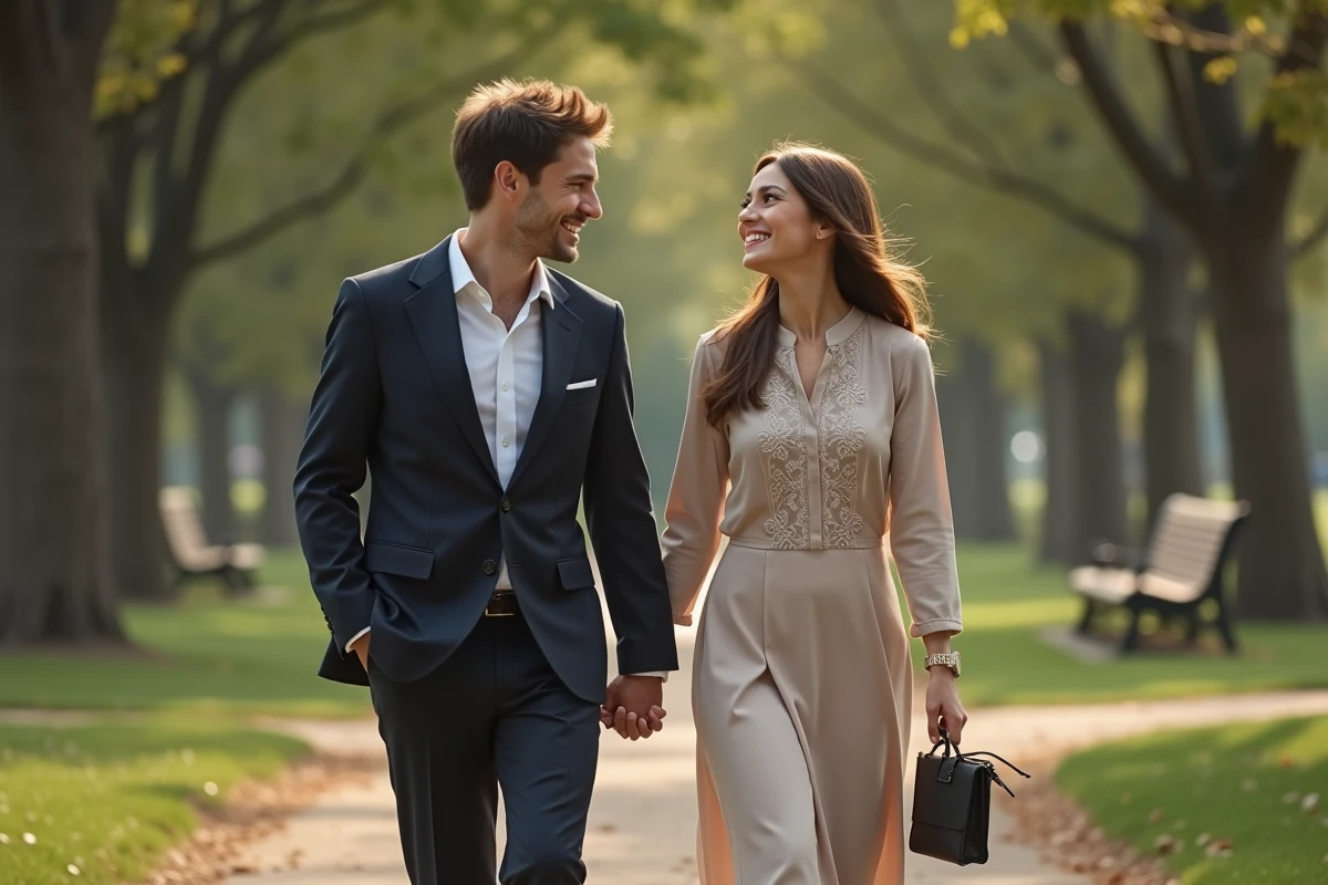 Couple marchant main dans la main dans un parc