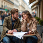 Jeune couple souriant au café parisien en voyage