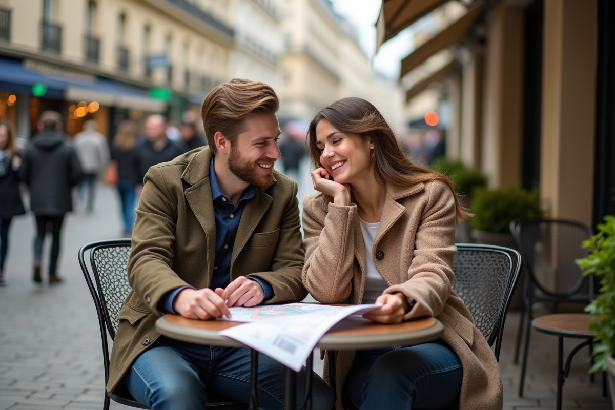 Jeune couple souriant au café parisien en voyage