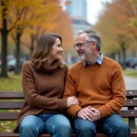 Couple d'adultes souriants dans un parc urbain automnal