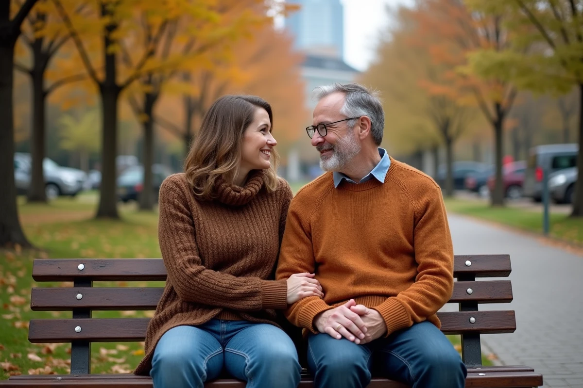 Couple d'adultes souriants dans un parc urbain automnal