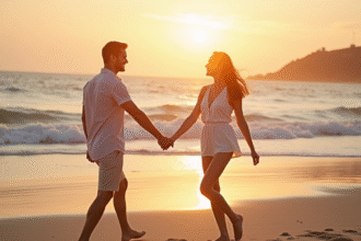 Couple heureux marchant sur la plage au coucher du soleil
