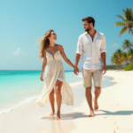 Jeune couple sur la plage de sable blanc en vacances