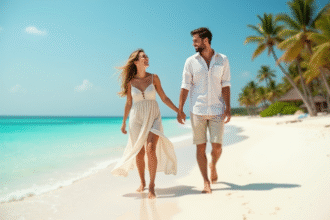 Jeune couple sur la plage de sable blanc en vacances