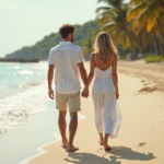 Jeune couple sur la plage tropicale en vacances