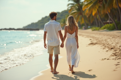 Jeune couple sur la plage tropicale en vacances