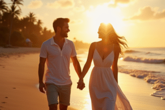Couple heureux sur plage tropicale au coucher du soleil