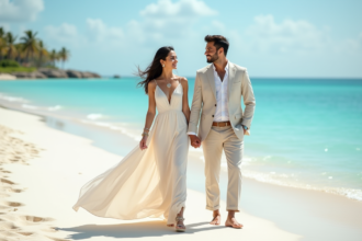 Couple sud-asiatique sur plage de sable blanc turquoise