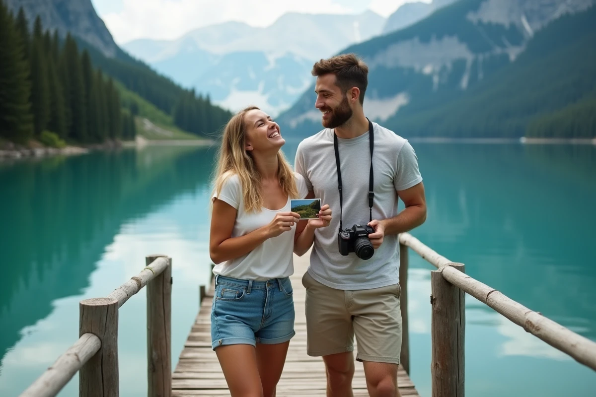Couple riant sur un ponton en bois au bord d'un lac de montagne turquoise, tenant une carte postale souvenir