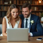 Jeune couple prépare une playlist de mariage à la maison
