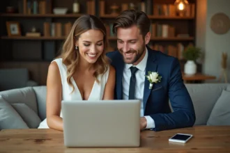 Jeune couple prépare une playlist de mariage à la maison