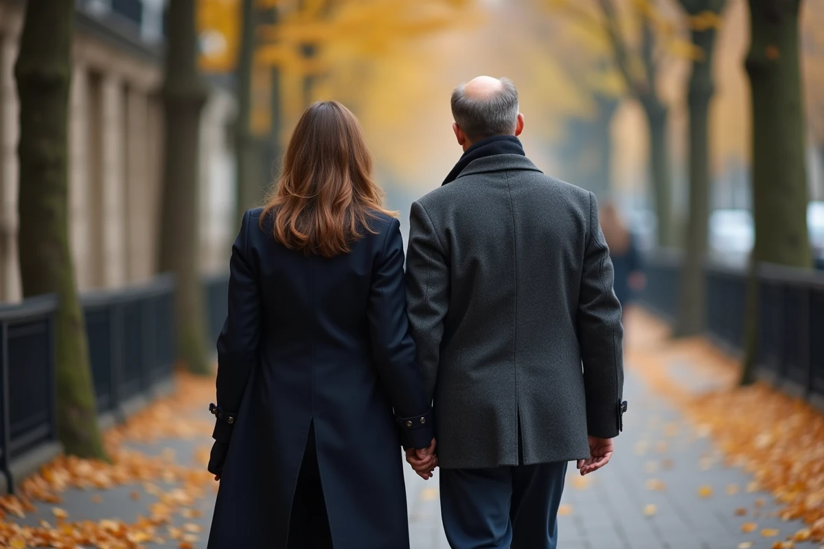 Couple se promenant discrètement dans une rue parisienne en automne, symbole de vie privée préservée