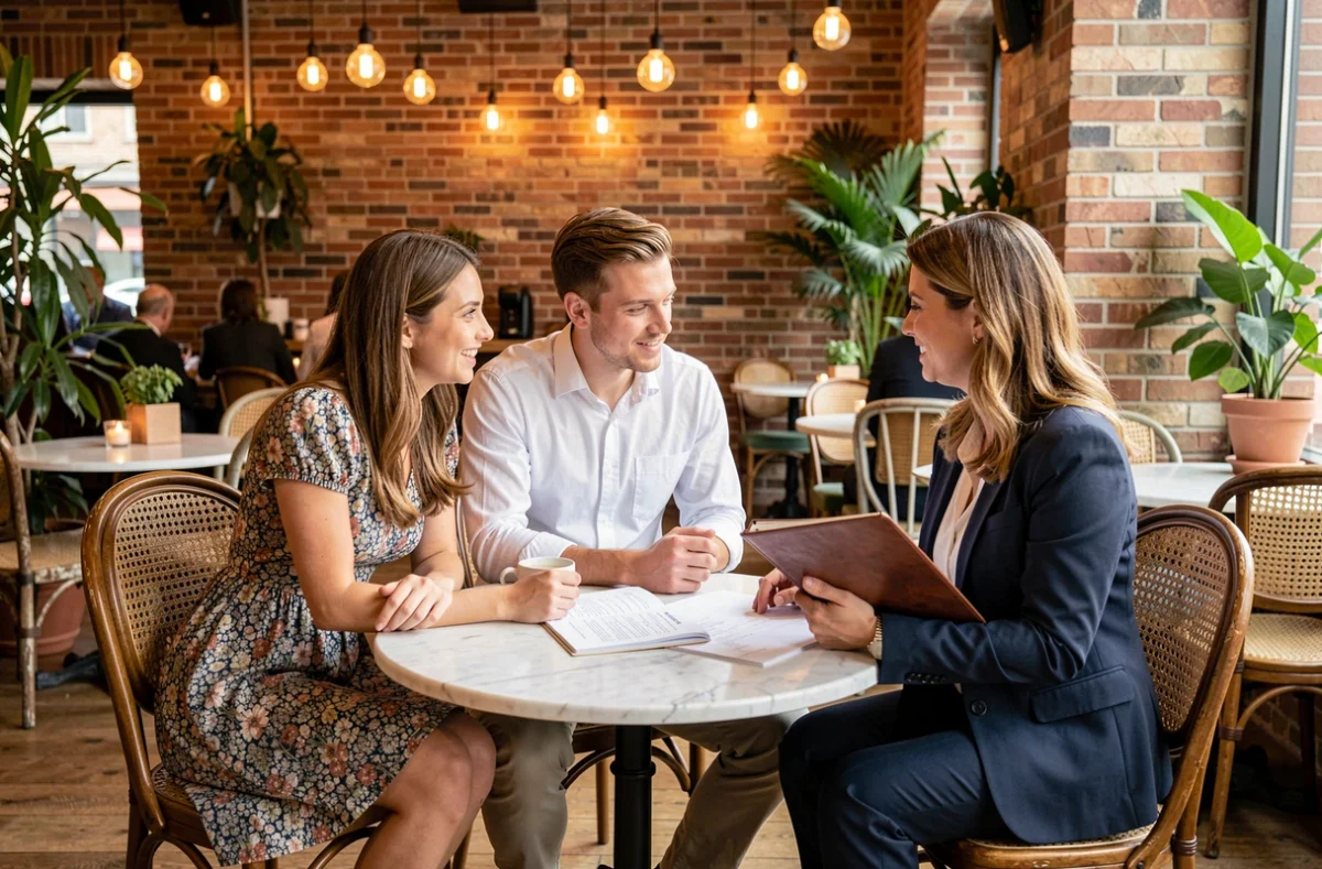 Couple de futurs mariés en réunion avec un wedding planner pour discuter des prix et du budget de leur mariage