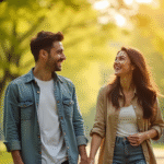 Couple souriant main dans la main dans un parc ensoleille