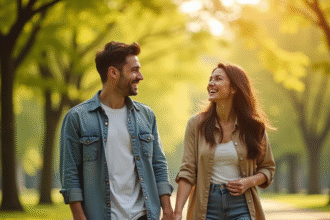 Couple souriant main dans la main dans un parc ensoleille