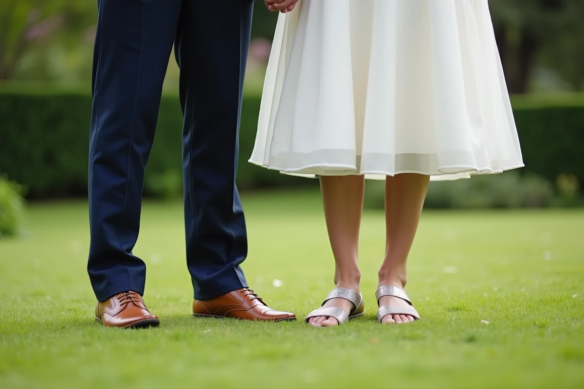 Couple riant dehors avec sandales en mariage