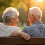 Couple senior tenant la main sur un banc en plein soleil
