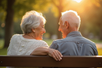 Couple senior tenant la main sur un banc en plein soleil