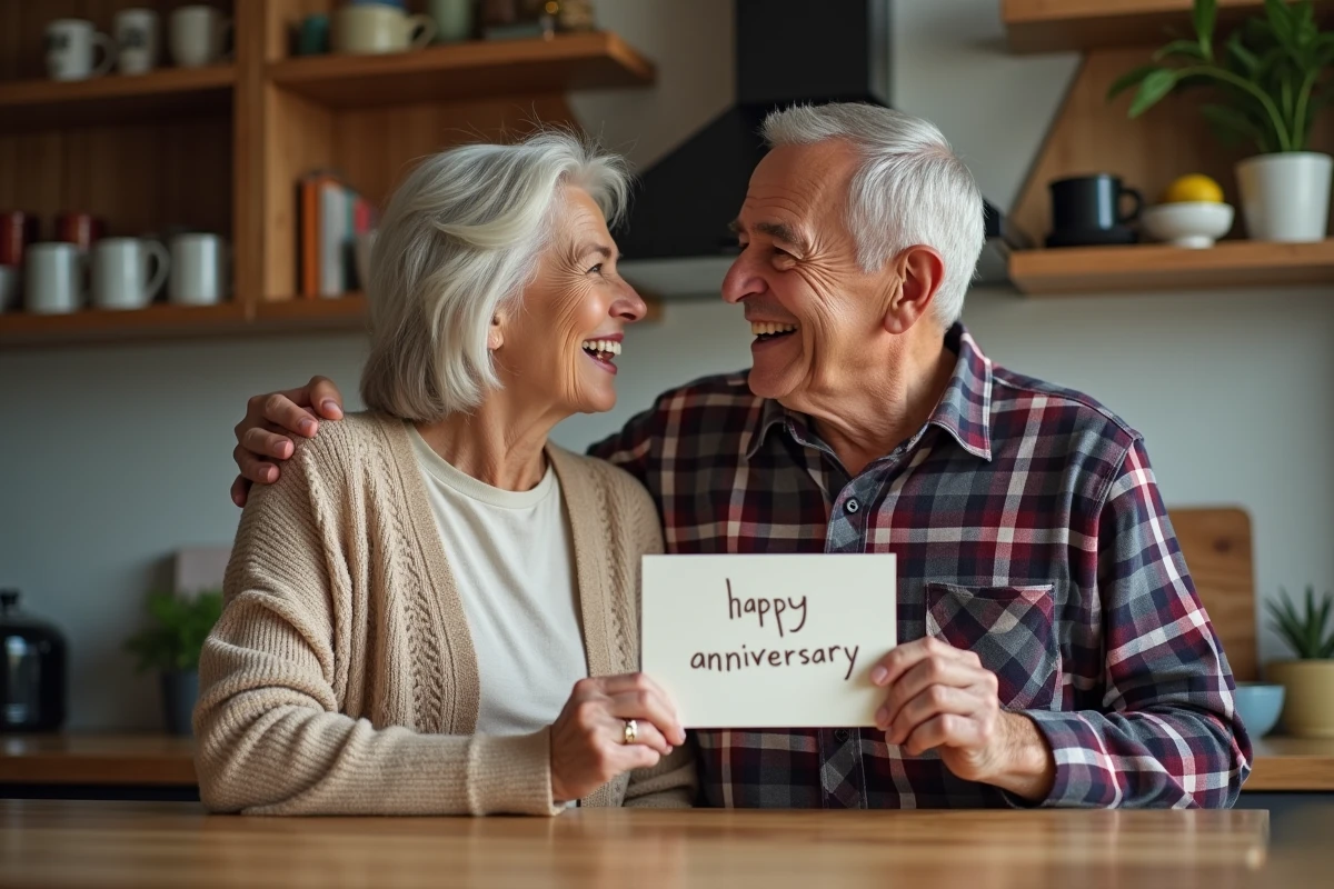 Couple de seniors complices dans une cuisine tenant une carte d'anniversaire de mariage avec humour