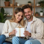 Couple souriant échangeant un cadeau en coton dans un salon