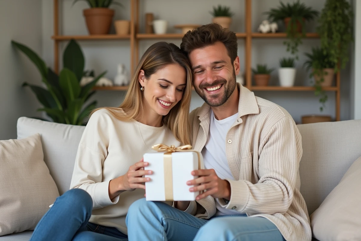 Couple souriant échangeant un cadeau en coton dans un salon