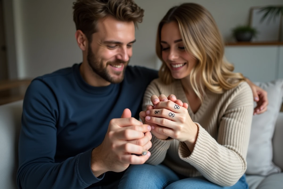 Couple assorti avec des tatouages alliance infini éphémères sur les annulaires, assis dans un salon minimaliste scandinave