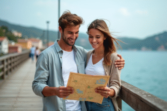 Jeune couple souriant regardant une carte sur la promenade