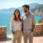 Couple en vacances sur une terrasse méditerranéenne avec vue sur la mer, habillés en lin, souriant naturellement