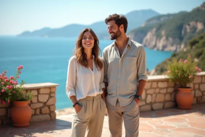 Couple en vacances sur une terrasse méditerranéenne avec vue sur la mer, habillés en lin, souriant naturellement