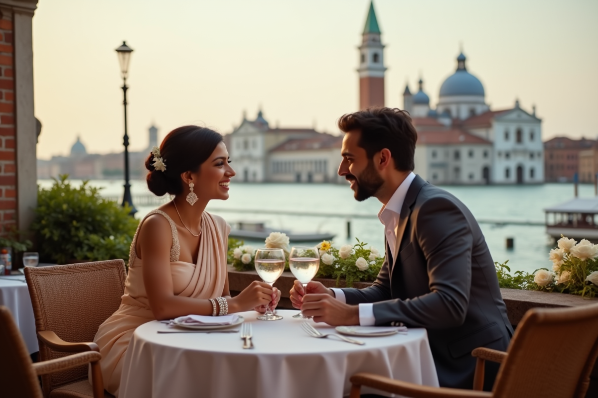 Jeune couple marié à Venise riant au restaurant terrasse