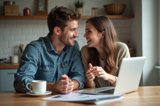 Jeune couple étudiant des brochures de voyage à la maison