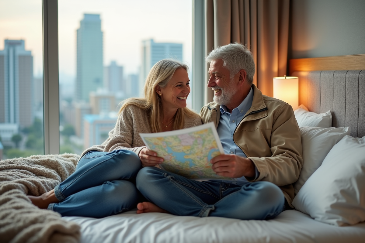 Couple adulte consulte une carte dans une chambre d