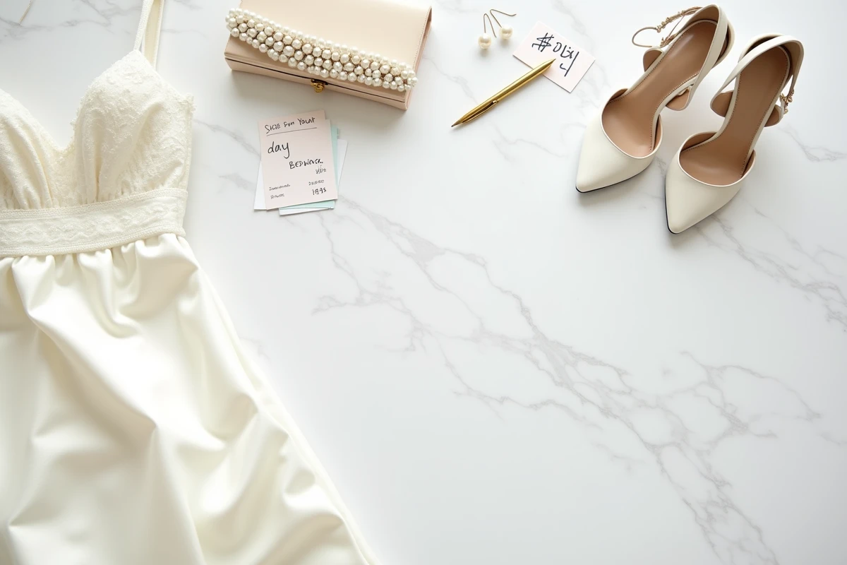 Flatlay d'une tenue de mariée complète avec accessoires et étiquettes de prix sur marbre blanc