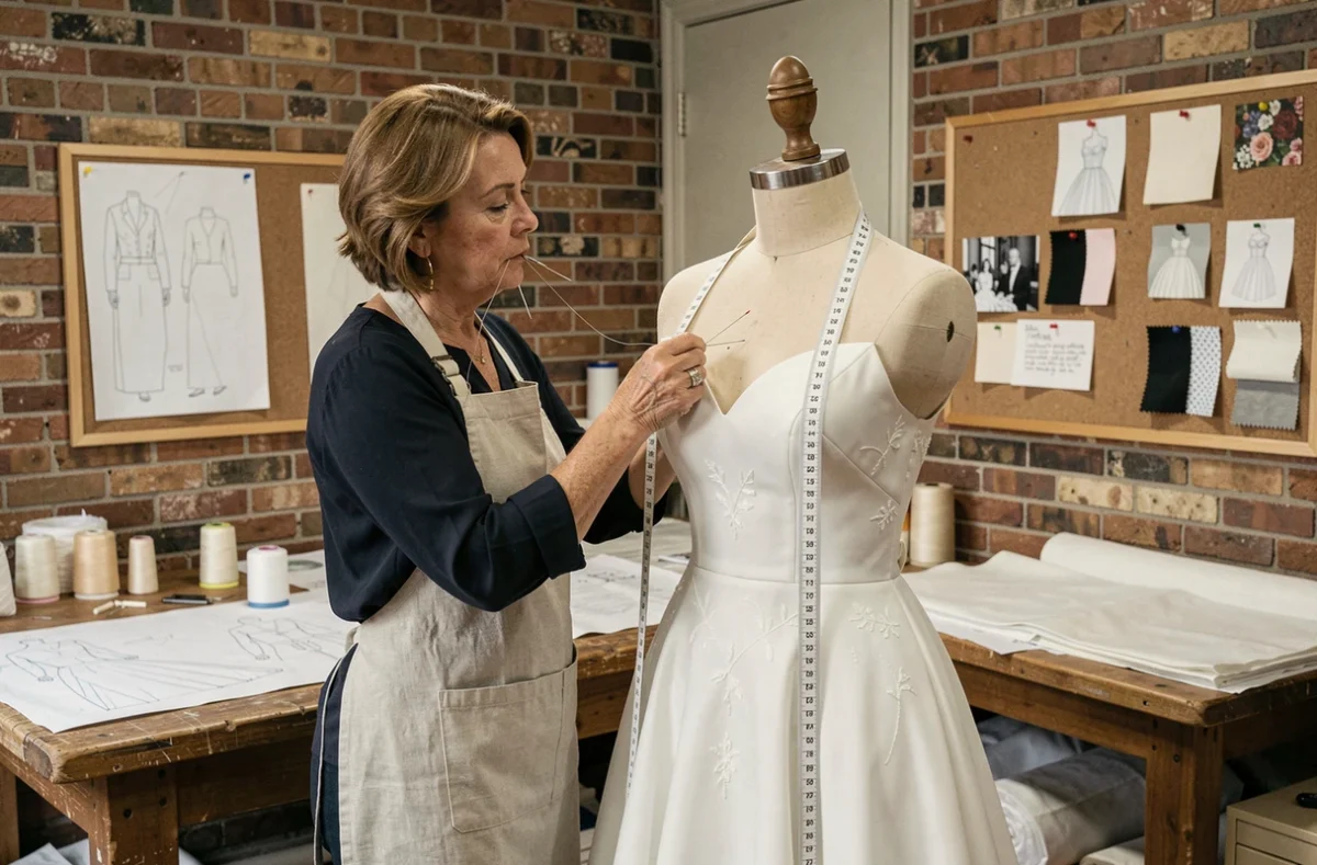 Couturière qui réalise une robe de mariée sur mesure dans son atelier de couture