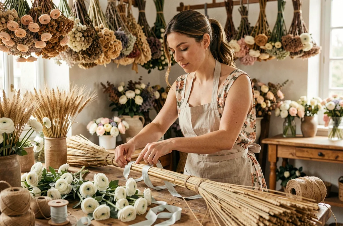 Fleuriste parisienne en train de confectionner un balai de voiture de mariage en herbes sèches et ranunculus blancs dans son atelier