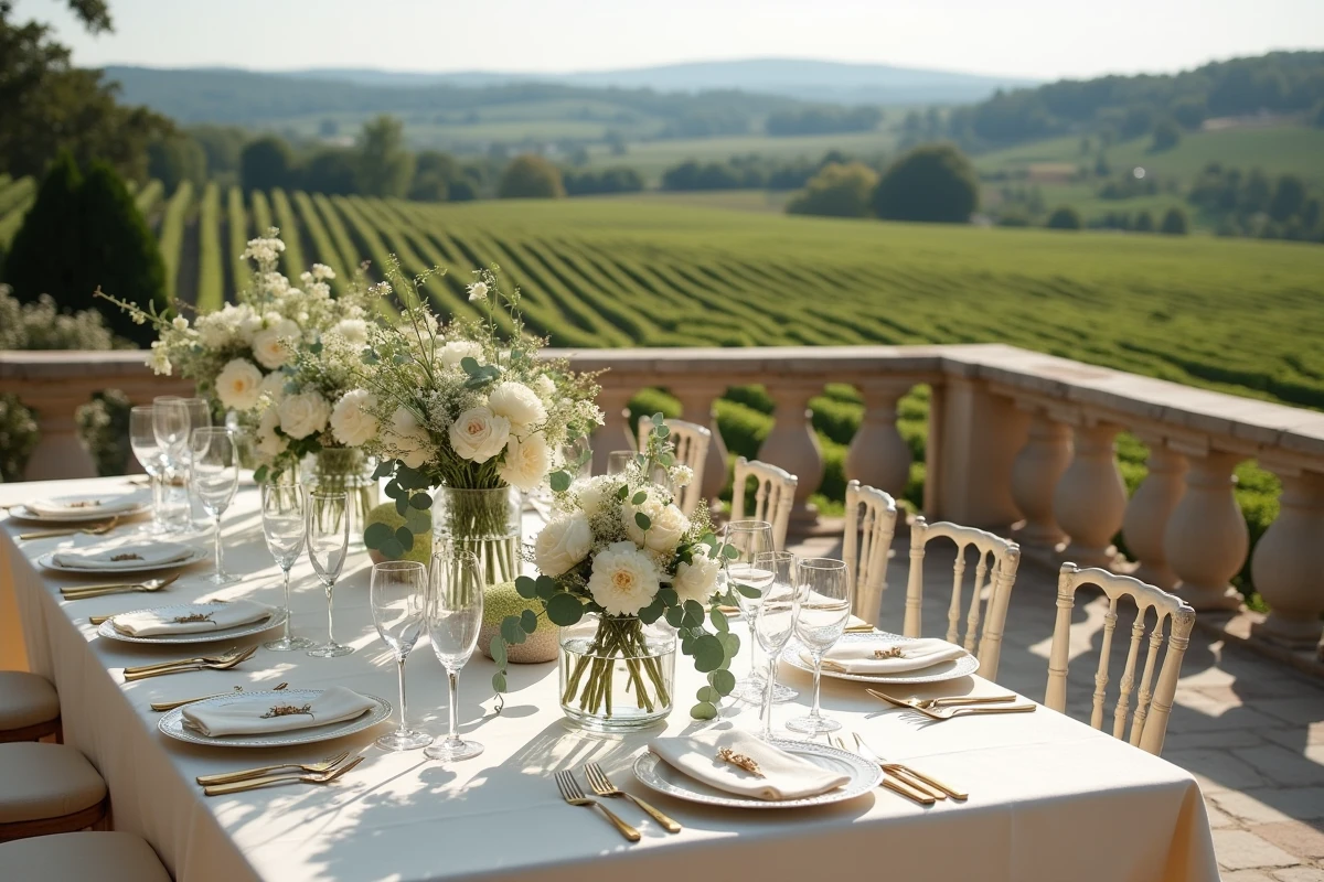 Table de réception de mariage décorée de pivoines blanches sur la terrasse en pierre d'un domaine viticole en France
