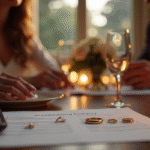 Couple au dîner romantique avec alliances et papiers de mariage