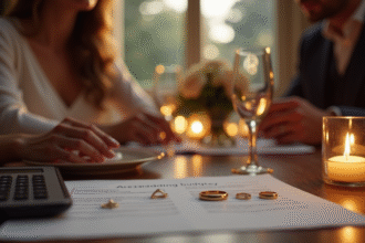 Couple au dîner romantique avec alliances et papiers de mariage