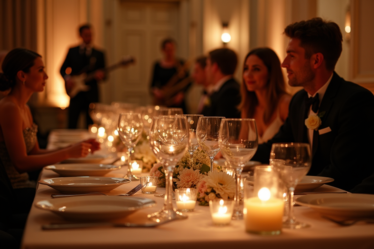 Table de mariage élégante avec bougies et jazz en fond