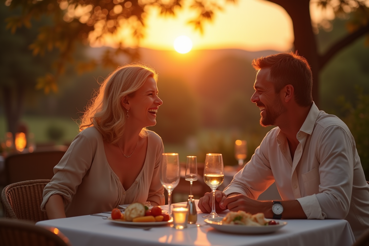 Couple riant lors d un dîner en plein air au coucher du soleil