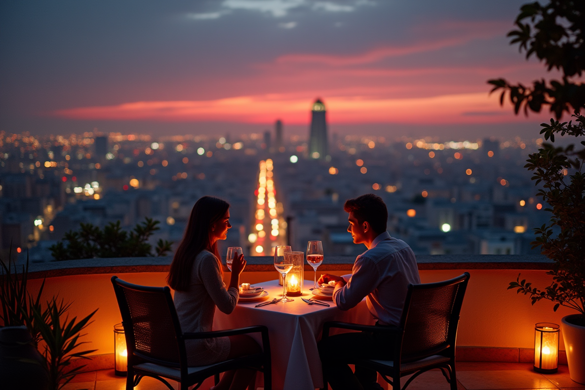 Diner romantique sur un toit avec vue sur la ville la nuit