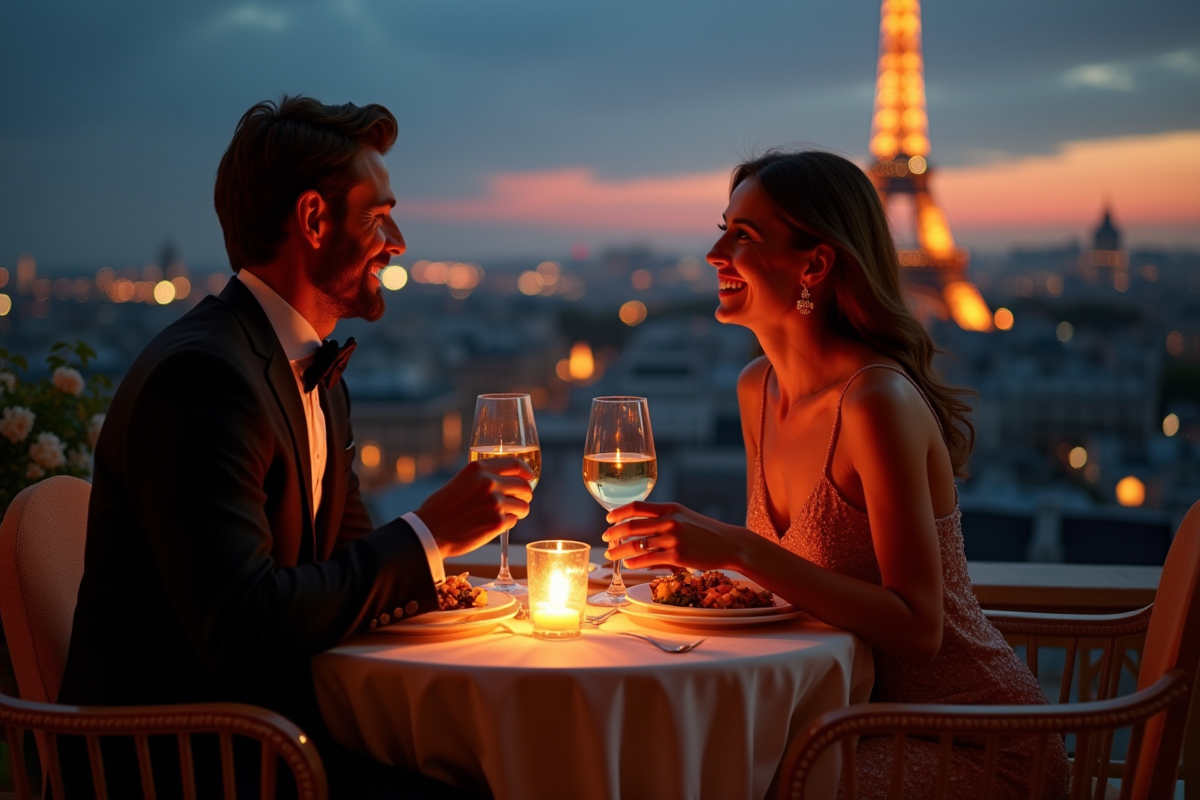 Couple élégant dînant près de la tour Eiffel à Paris