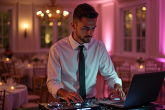 Jeune DJ homme en costume lors d'un mariage élégant