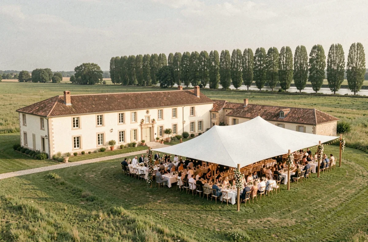 Domaine d'Amareins en Val de Saône avec grande réception sous tente et prairies verdoyantes