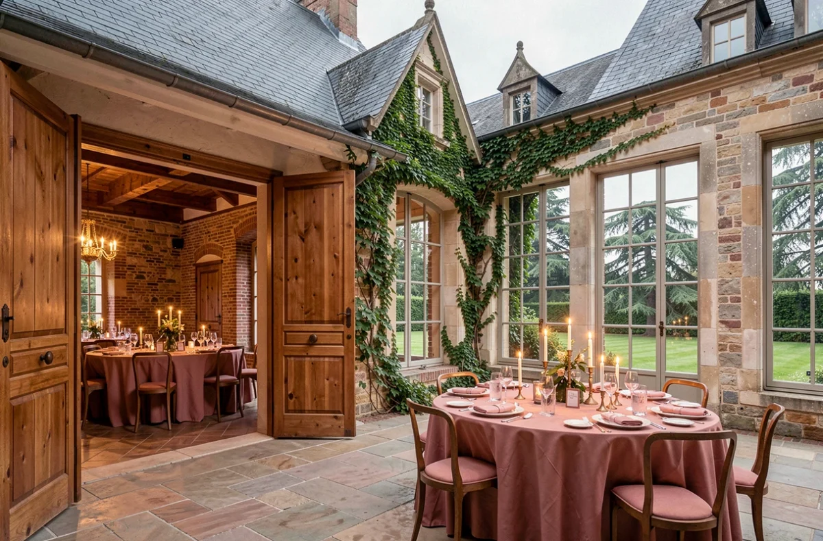 Salle de réception et parc du Domaine de Haute Bruyère avec manoir en pierre couvert de lierre et tables décorées de lin rose poudré