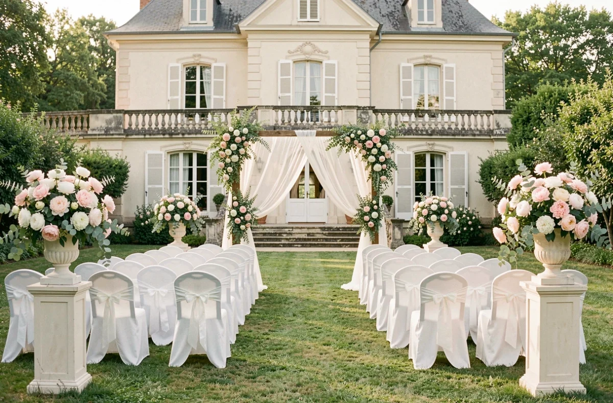 Jardin fleuri du Domaine de la Chéraille aménagé pour une cérémonie de mariage en plein air avec canopée de gaze et pivoines