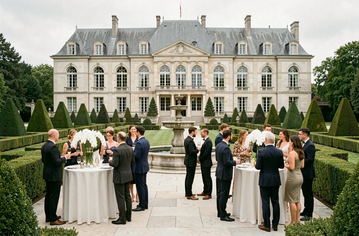 Terrasse du Domaine de Saint Paul lors d'un cocktail de mariage avec jardins à la française, fontaine et manoir en arrière-plan